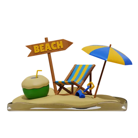 Umbrella Beach Chair And Coconut Drink  3D Icon
