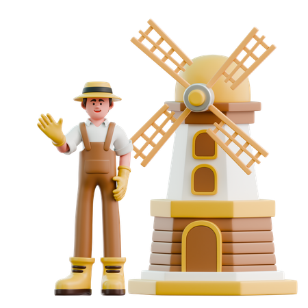 Un agriculteur debout près d'un moulin à vent tout en disant bonjour  3D Icon