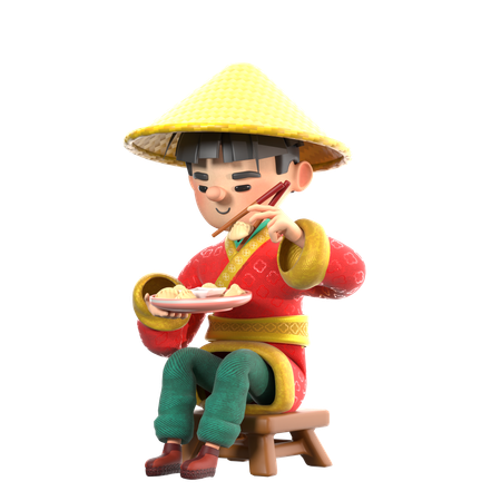 Un Chinois mange des raviolis chinois  3D Icon
