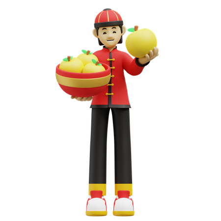 Un Chinois tient une corbeille de fruits  3D Icon