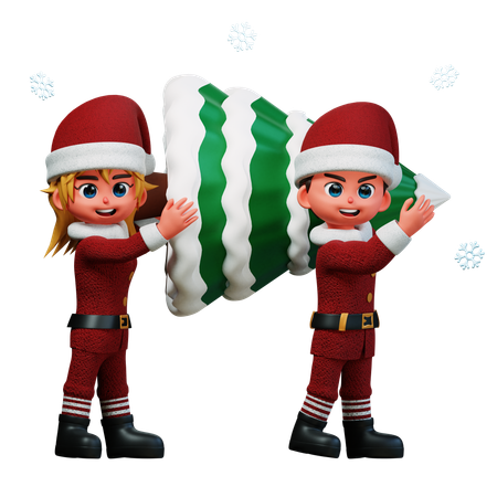Un couple porte un arbre de Noël sur son épaule  3D Icon