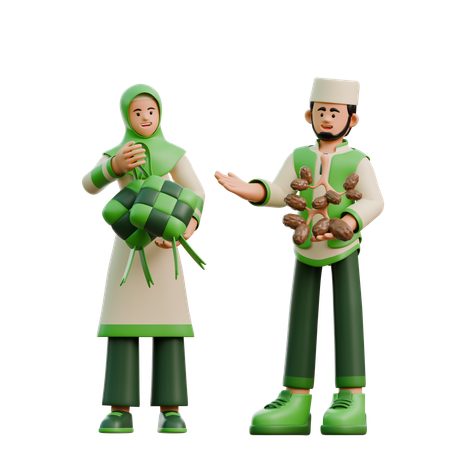 Un couple du Ramadan apporte de la nourriture pour l'Aïd  3D Illustration