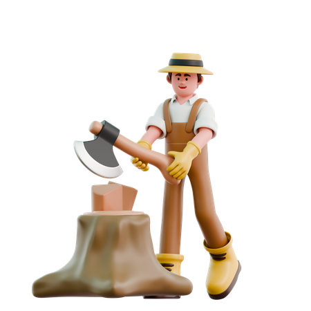Un fermier coupe du bois avec une hache  3D Icon