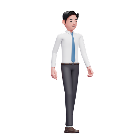 Un hombre de negocios caminando con camisa larga y corbata azul.  3D Icon