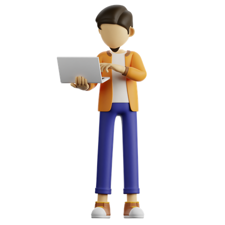 Un hombre está de pie usando una computadora portátil  3D Illustration