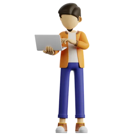 Un hombre está de pie usando una computadora portátil  3D Illustration