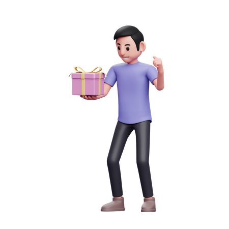 Un hombre feliz celebra la victoria cuando recibe un regalo de San Valentín.  3D Icon