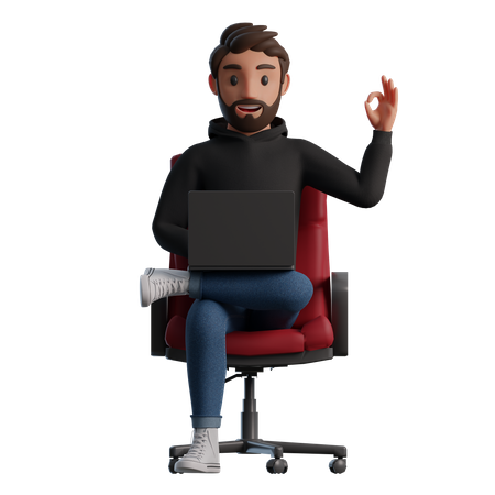 Un homme assis sur une chaise avec un ordinateur portable montre le signe OK  3D Illustration