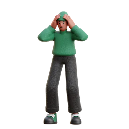 Confused Man est debout avec ses deux mains sur la tête  3D Illustration