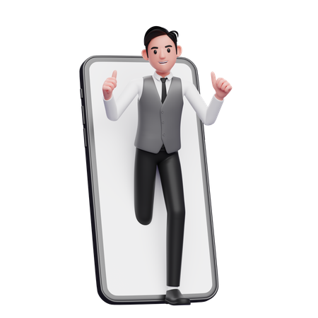 Un homme d'affaires en gilet de bureau gris apparaît de l'intérieur de l'écran du téléphone et lève le pouce  3D Illustration