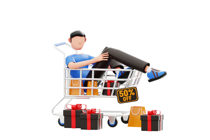 Un homme dans un caddie lors de ses achats du Black Friday  3D Icon