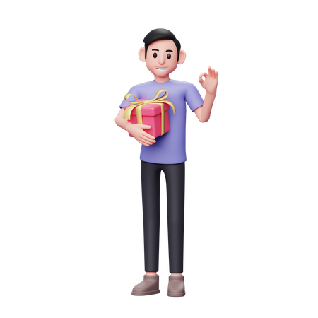 Un homme décontracté embrasse le cadeau de la Saint-Valentin et montre un signe ok sur sa main  3D Icon