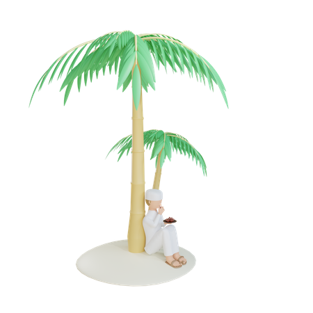 Un homme musulman mange des dates près de s'asseoir sur un palmier  3D Illustration