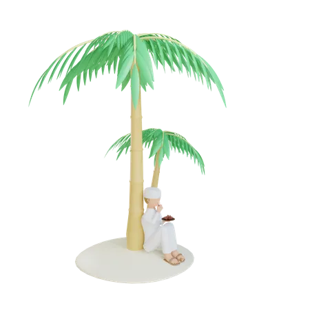 Un homme musulman mange des dates près de s'asseoir sur un palmier  3D Illustration