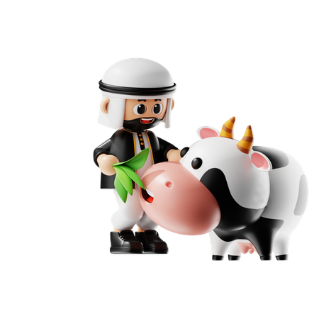 Un musulman nourrit sa vache  3D Illustration