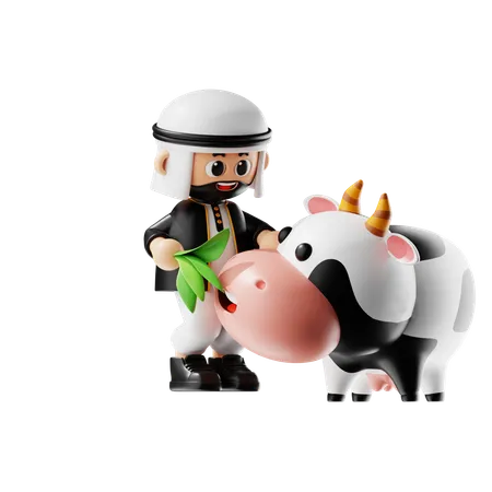 Un musulman nourrit sa vache  3D Illustration