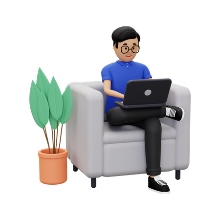 Un homme travaille à la maison avec un ordinateur portable  3D Icon
