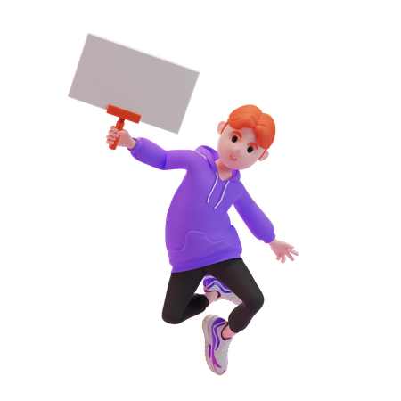 Un joven saltando en el aire con un cartel en blanco.  3D Icon