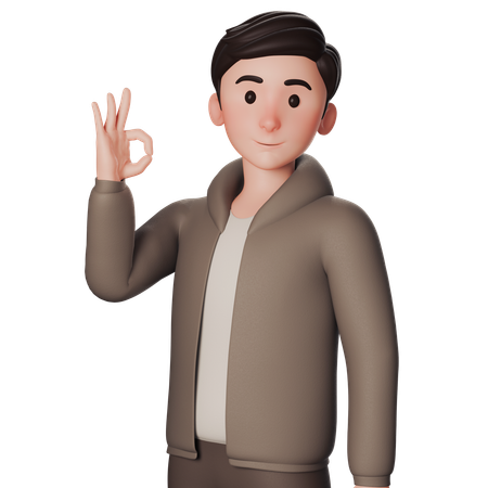 Un joven vestido de marrón muestra un gesto de aprobación con la mano izquierda  3D Icon