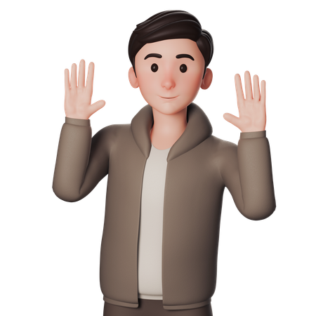 Un joven vestido de marrón muestra un gesto de saludo agitando ambas manos  3D Icon