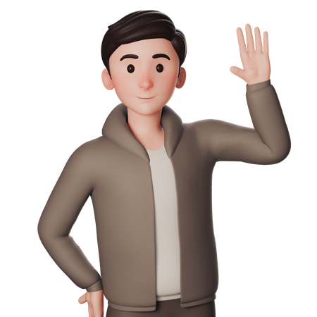 Un joven vestido de marrón muestra un gesto de saludo agitando la mano derecha  3D Icon