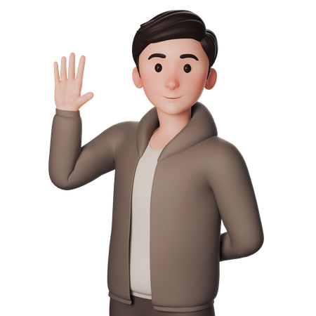 Un joven vestido de marrón muestra un gesto de saludo agitando la mano izquierda  3D Icon