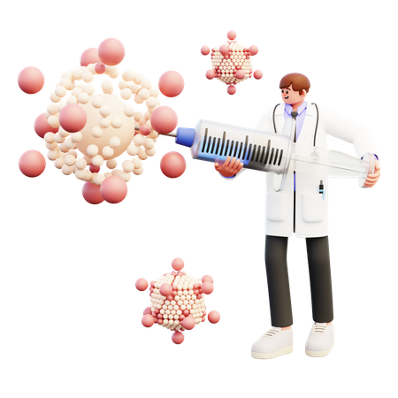 Un médecin lutte contre le virus avec un vaccin dans une grosse seringue  3D Illustration