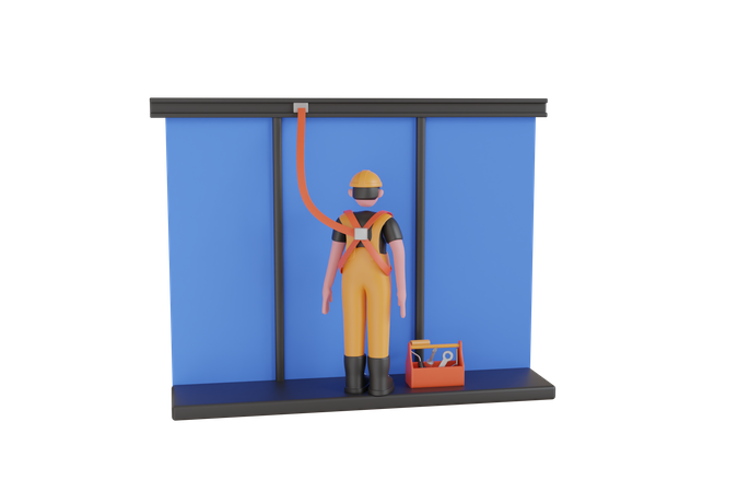 Un ouvrier industriel avec harnais de sécurité travaille en hauteur  3D Icon