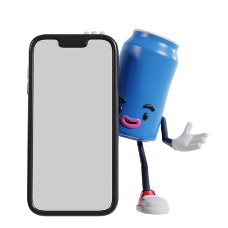 Une canette de boisson gazeuse apparaît derrière un gros téléphone  3D Illustration