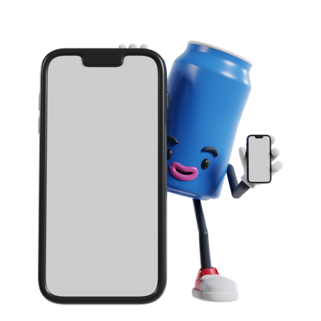 Une canette de boisson gazeuse apparaît derrière un gros téléphone et tient le téléphone  3D Illustration
