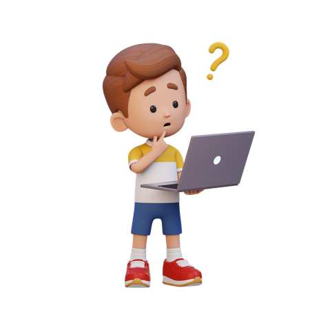 Un petit garçon confus debout devant un ordinateur portable  3D Icon