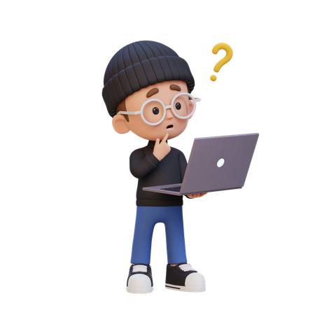 Un petit garçon confus debout devant un ordinateur portable  3D Icon
