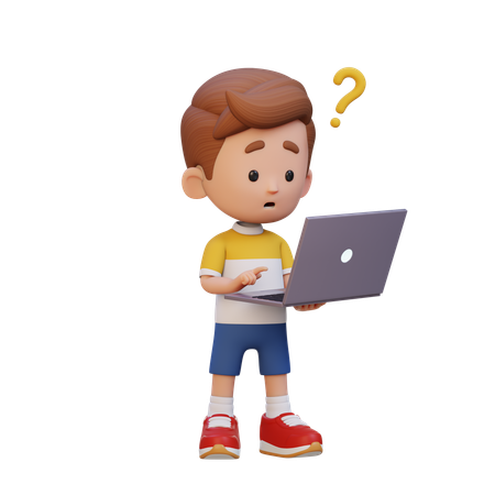 Un petit garçon confus sur son ordinateur portable  3D Icon