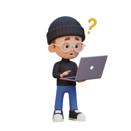 Un petit garçon confus sur son ordinateur portable  3D Icon