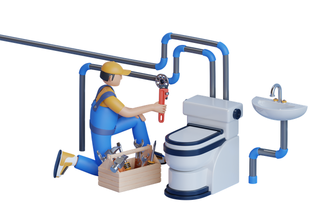 Un plombier inspecte les tuyaux pour l’approvisionnement central en eau des toilettes  3D Illustration