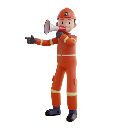 Un pompier portant un uniforme rouge fait une annonce à l'aide d'un mégaphone  3D Icon