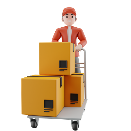Un repartidor sosteniendo un carrito de paquetes  3D Illustration