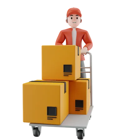 Un repartidor sosteniendo un carrito de paquetes  3D Illustration