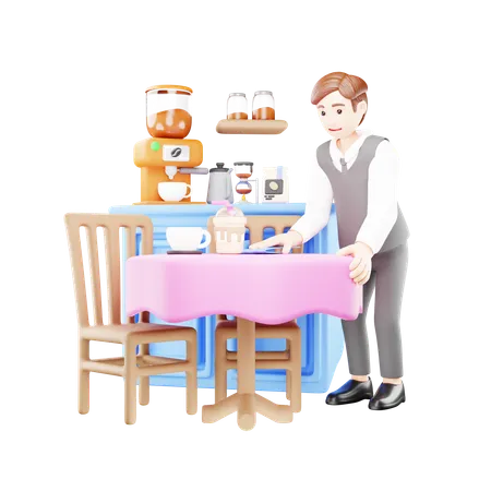 Un serveur masculin travaille au café  3D Illustration