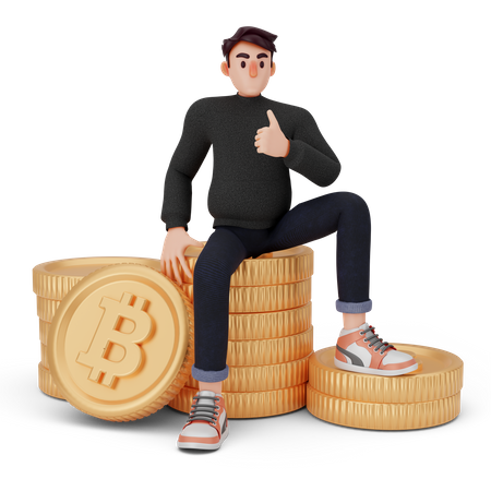 Un tipo único sentado en una pila de bitcoins  3D Icon