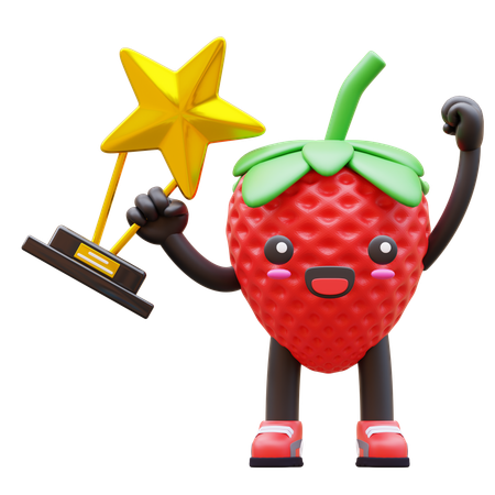 Una linda fresa celebrando la victoria mientras sostiene un trofeo de estrella dorada.  3D Icon