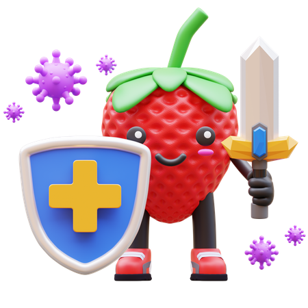Una linda fresa lucha contra el virus con escudo y espada.  3D Icon