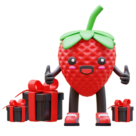 Una linda fresa saludando con el pulgar mientras rodea regalos.  3D Icon