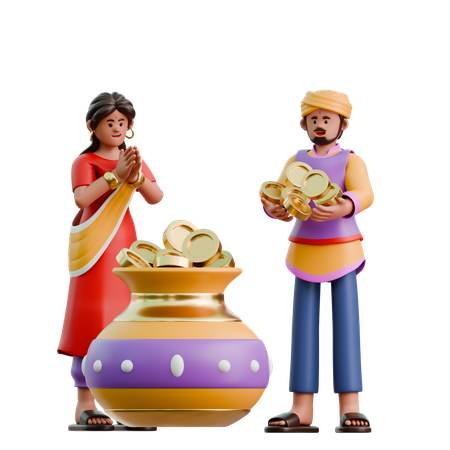Una mujer y un hombre indios traen monedas para dhanteras  3D Illustration