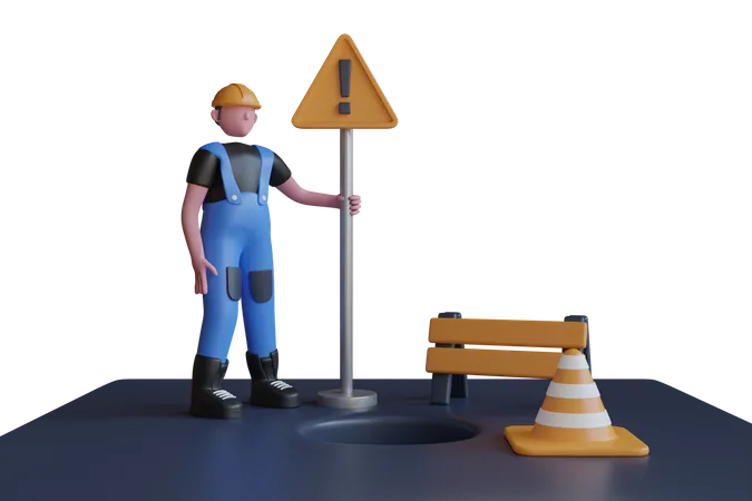 Under construction barrier with traffic cone on a city street  3D Illustration