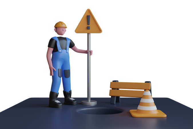Under construction barrier with traffic cone on a city street  3D Illustration