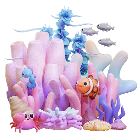 Underwater Coral With Sea Life Scene  3D Icon