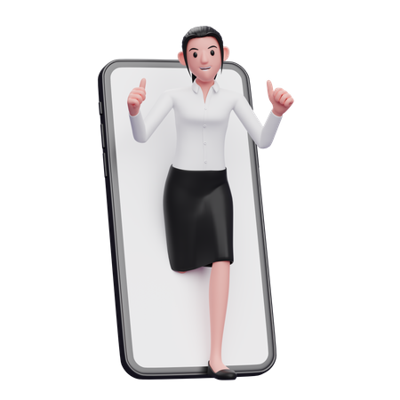 Une femme d'affaires apparaît de l'intérieur de l'écran du téléphone tout en levant le pouce  3D Icon