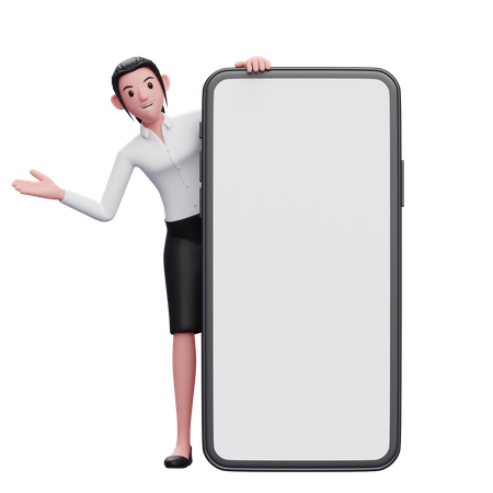 Une femme d'affaires apparaît derrière un téléphone  3D Icon