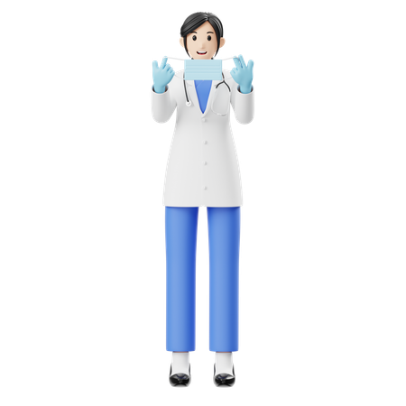 Une femme médecin se prépare à porter un masque  3D Icon